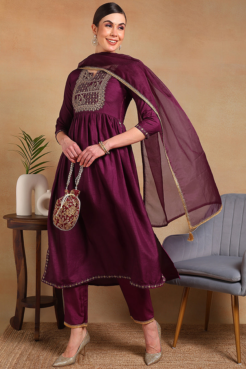 Purple-Silk-Blend-Solid-Yoke-Design-Flared-3-Piece-Kurta-Set