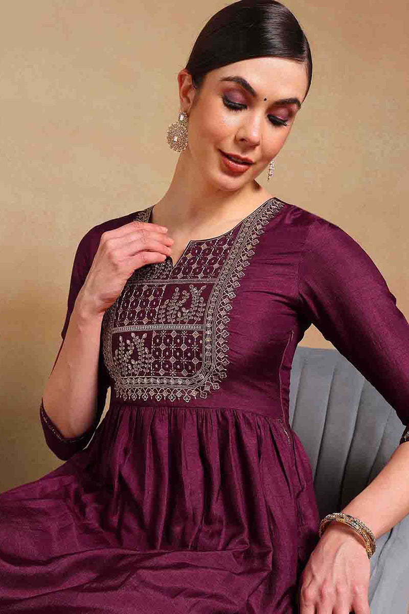 Purple-Silk-Blend-Solid-Yoke-Design-Flared-3-Piece-Kurta-Set