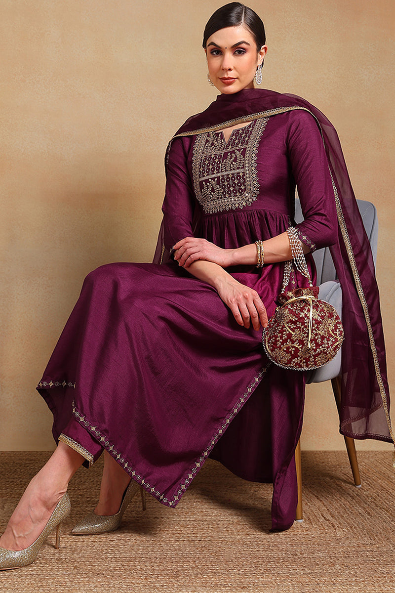 Purple-Silk-Blend-Solid-Yoke-Design-Flared-3-Piece-Kurta-Set