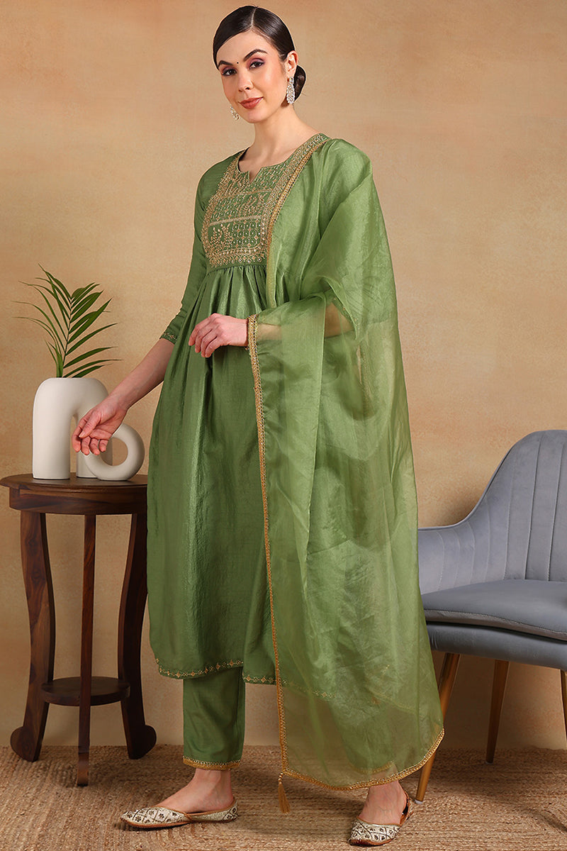 Green-Silk-Blend-Yoke-Design-Flared-Empire-3-Piece-Kurta-Set