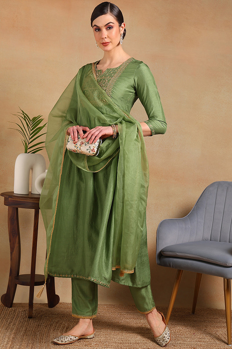 Green-Silk-Blend-Yoke-Design-Flared-Empire-3-Piece-Kurta-Set