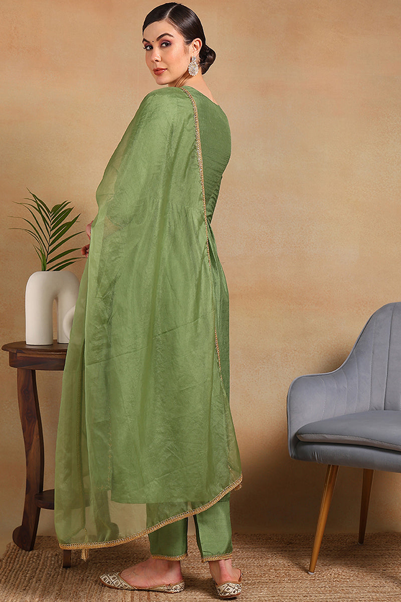 Green-Silk-Blend-Yoke-Design-Flared-Empire-3-Piece-Kurta-Set