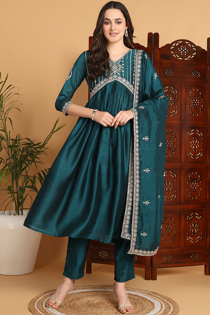 Green-Silk-Blend-Embroidered-Flared-3-Piece-Kurta-Set