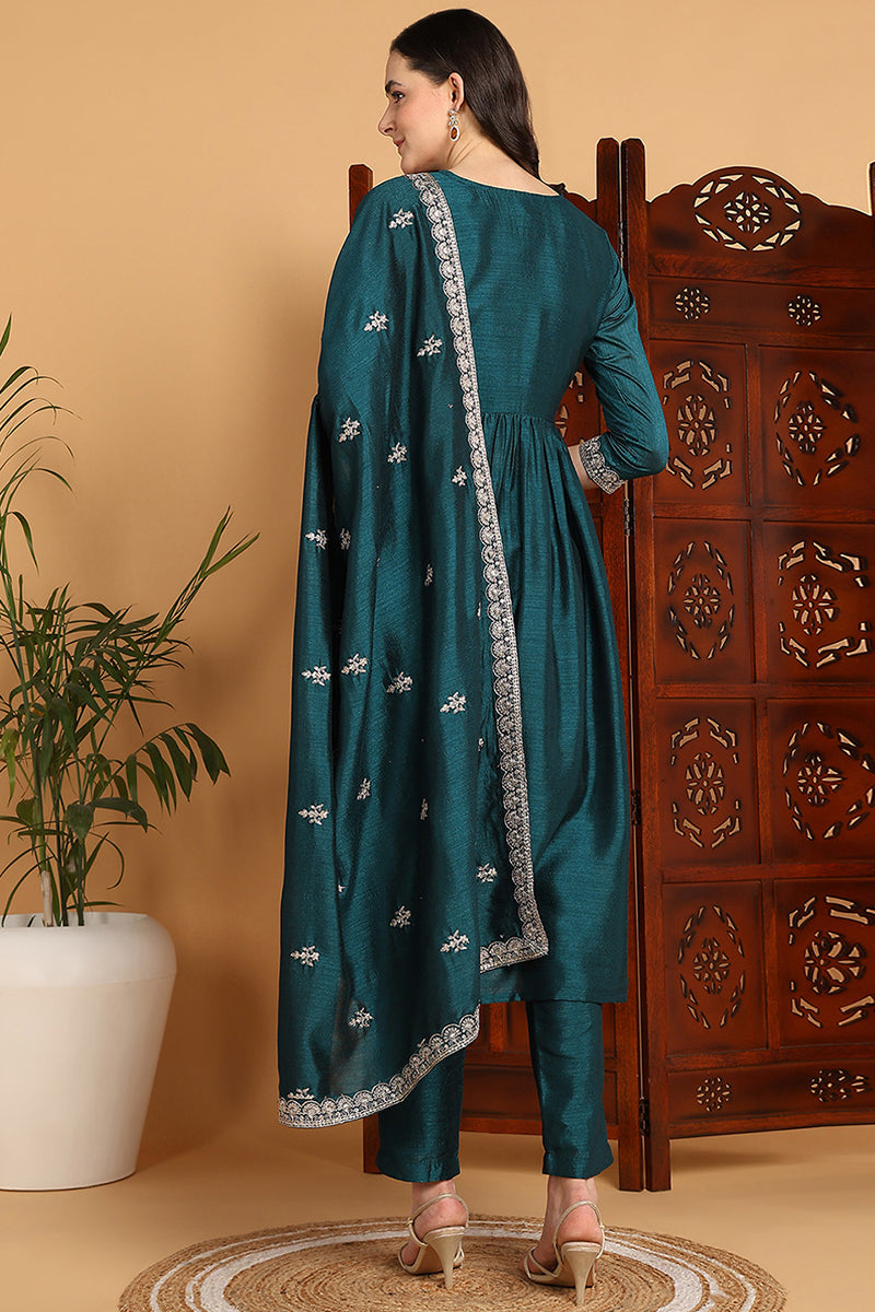 Green-Silk-Blend-Embroidered-Flared-3-Piece-Kurta-Set