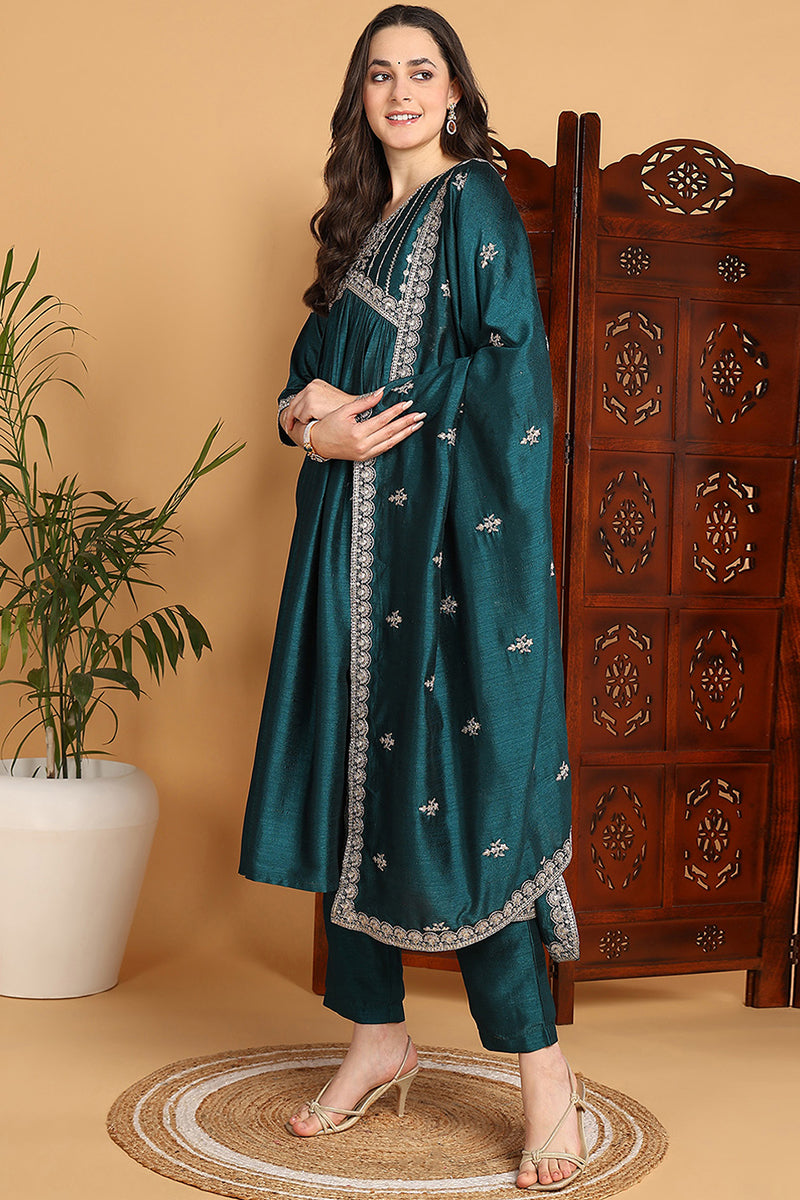 Green-Silk-Blend-Embroidered-Flared-3-Piece-Kurta-Set