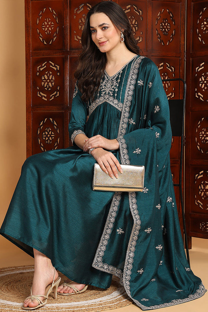 Green-Silk-Blend-Embroidered-Flared-3-Piece-Kurta-Set