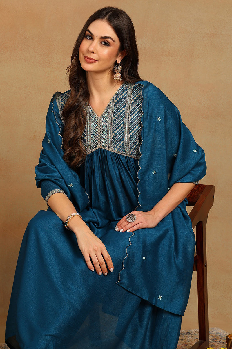 Blue-Silk-Blend-A-Line-3-Piece-Kurta-Set