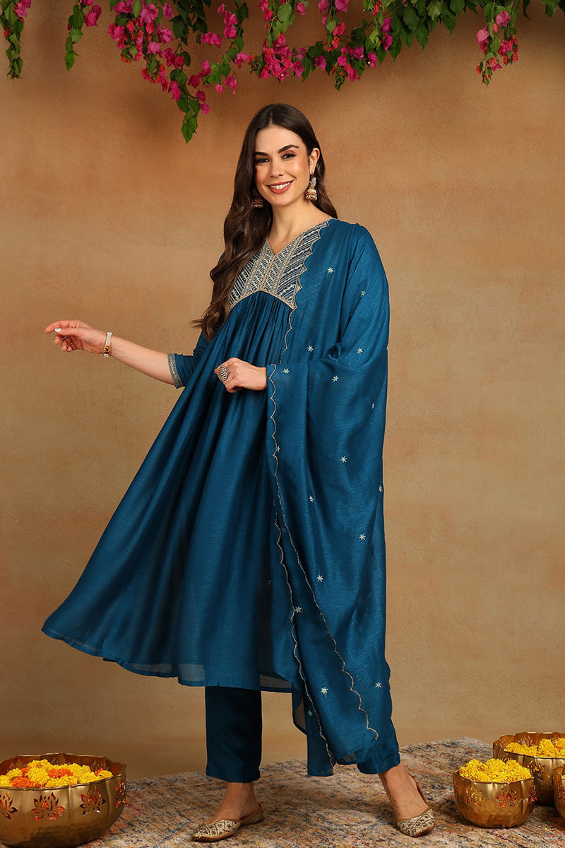 Blue-Silk-Blend-A-Line-3-Piece-Kurta-Set