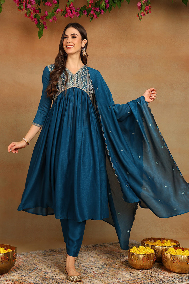 Blue-Silk-Blend-A-Line-3-Piece-Kurta-Set