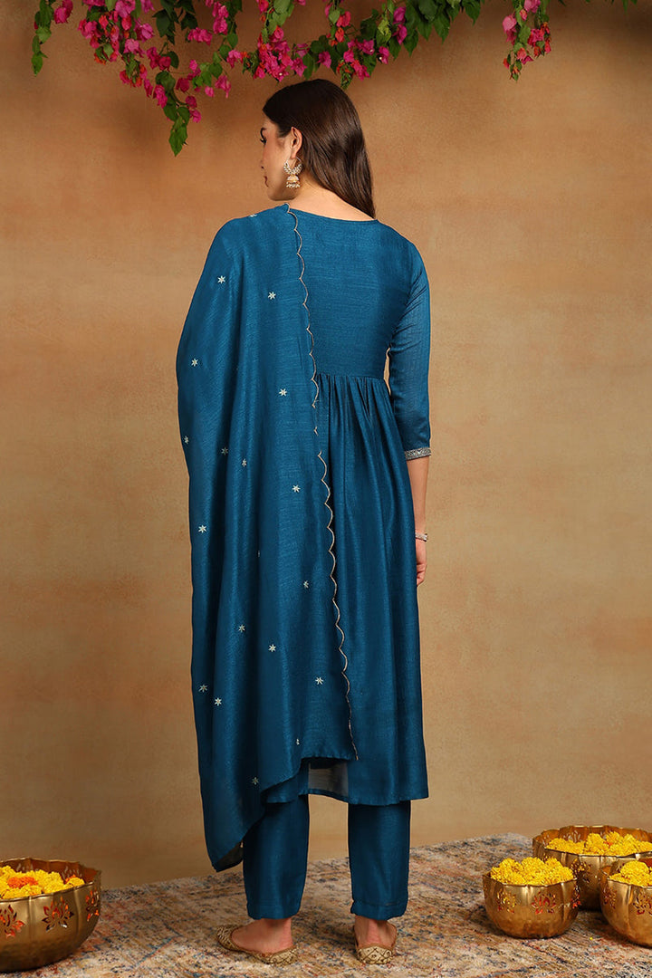 Blue-Silk-Blend-A-Line-3-Piece-Kurta-Set
