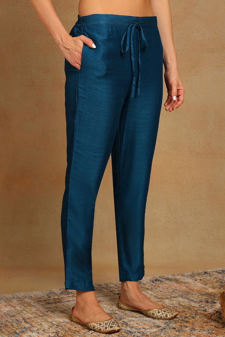 Blue-Silk-Blend-A-Line-3-Piece-Kurta-Set