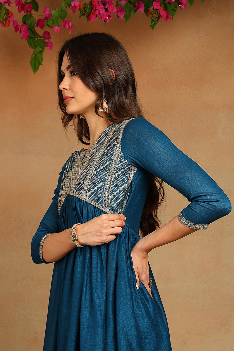 Blue-Silk-Blend-A-Line-3-Piece-Kurta-Set