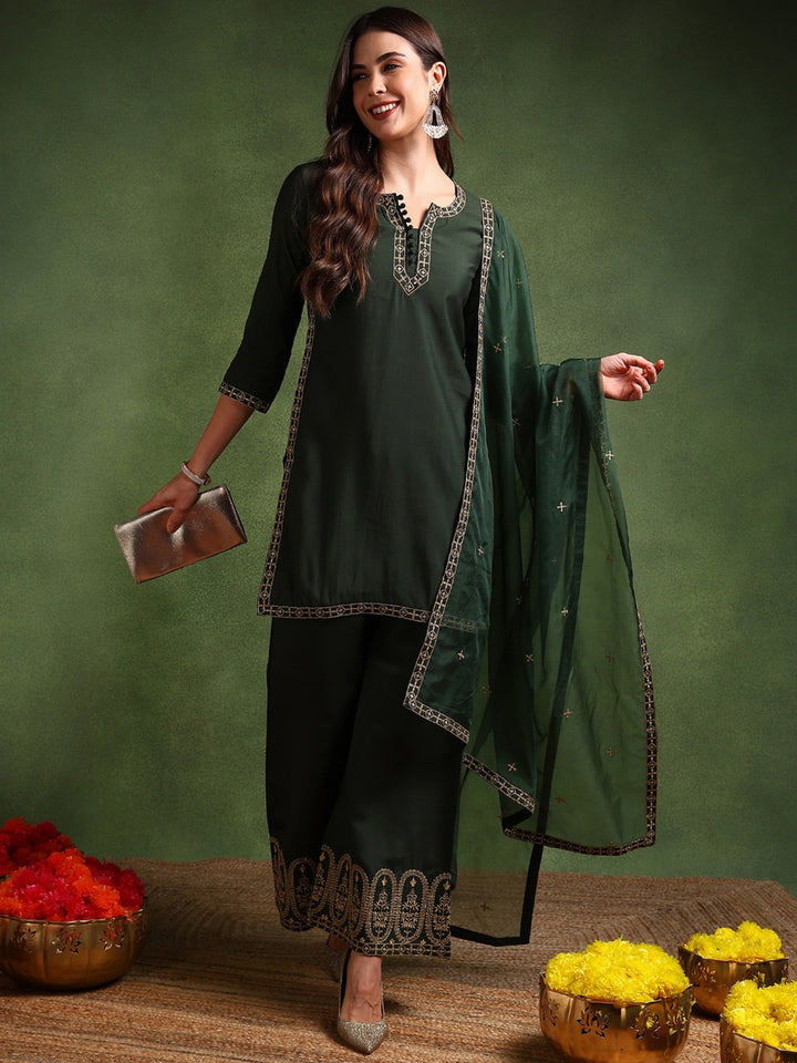 ZERESOUQ-Green-Silk-Blend-Solid-Embroidered-Straight-Kurta-Palazzo-With-Dupatta