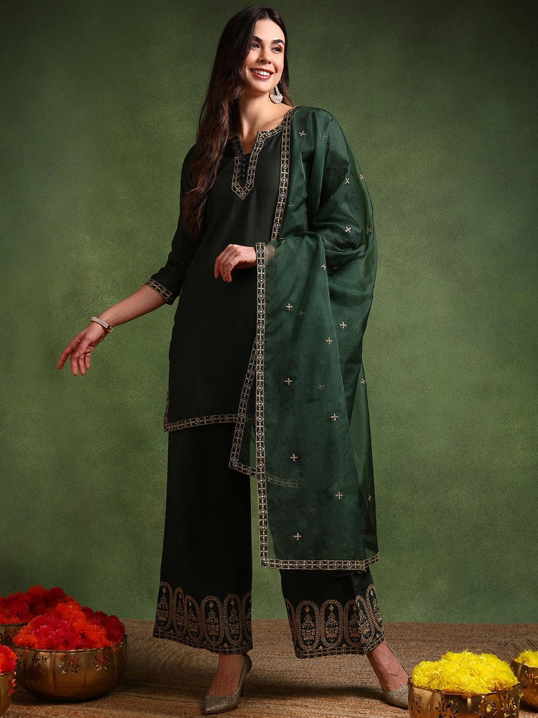 Green Silk Blend Solid Embroidered Straight Kurta Palazzo With Dupatta