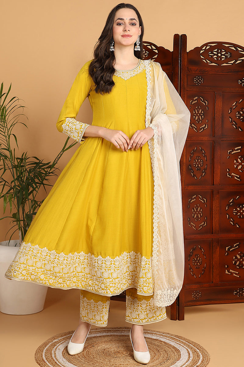 Yellow-Silk-Blend-Solid-Embroidered-Flared-3-Piece-Kurta-Set