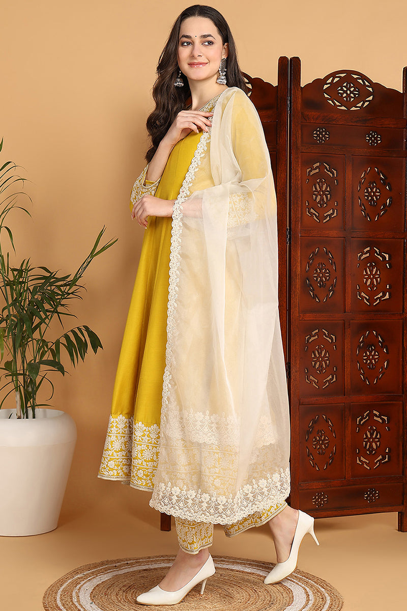 Yellow-Silk-Blend-Solid-Embroidered-Flared-3-Piece-Kurta-Set