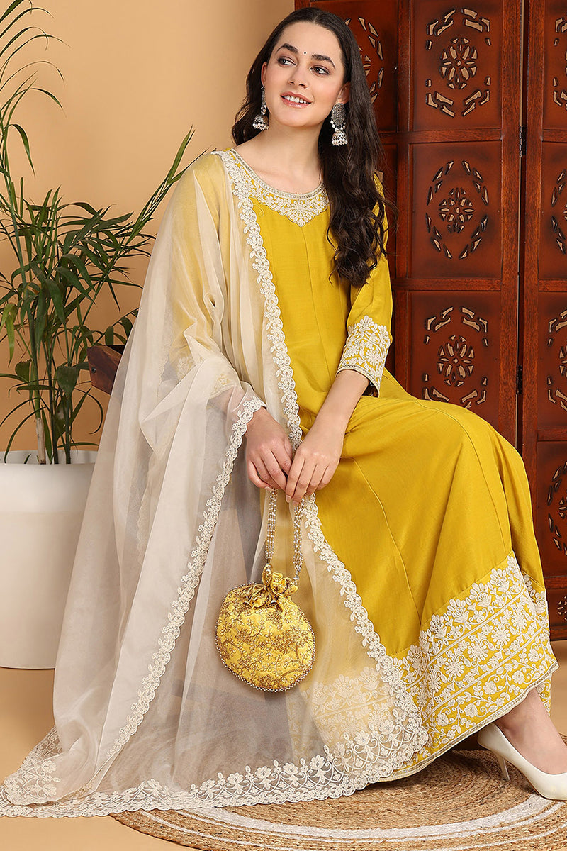 Yellow-Silk-Blend-Solid-Embroidered-Flared-3-Piece-Kurta-Set