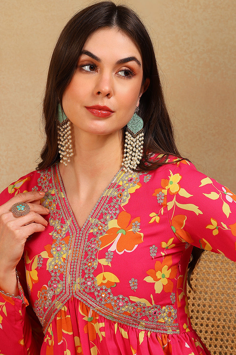 Pink-Poly-Georgette-Printed-Flared-Empire-3-Piece-Kurta-Set