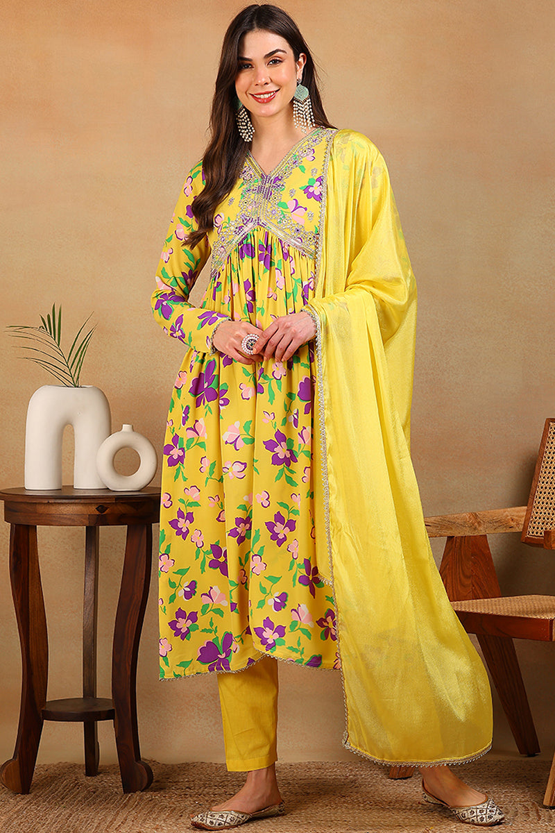 ZERESOUQ-Yellow-Poly-Georgette-Printed-Flared-Empire-3-Piece-Kurta-Set
