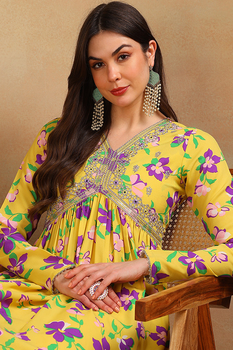 ZERESOUQ-Yellow-Poly-Georgette-Printed-Flared-Empire-3-Piece-Kurta-Set