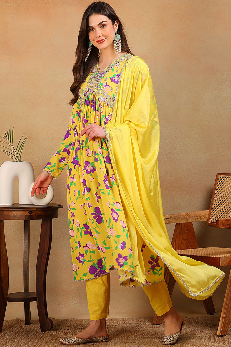 ZERESOUQ-Yellow-Poly-Georgette-Printed-Flared-Empire-3-Piece-Kurta-Set