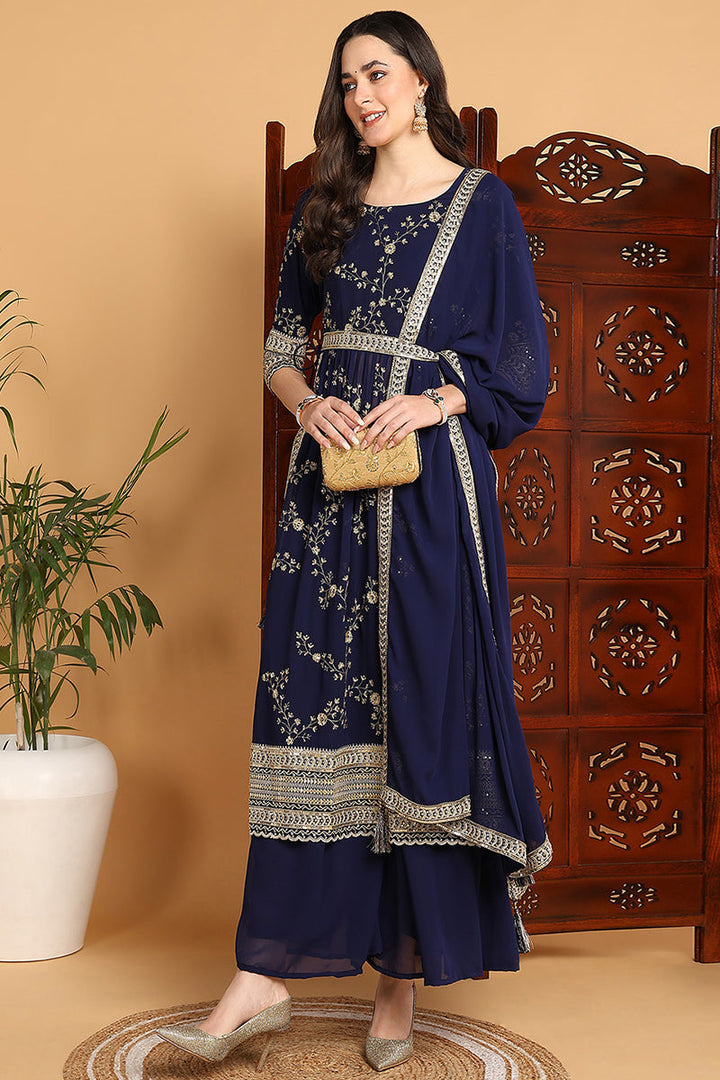 ZERESOUQ-Navy-Blue-Georgette-Floral-Embroidered-3-Piece-Kurta-Set