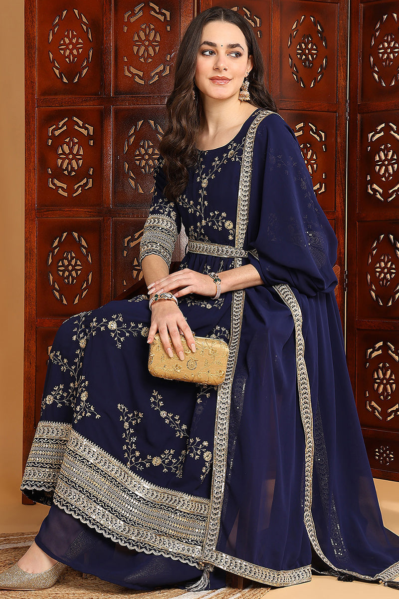ZERESOUQ-Navy-Blue-Georgette-Floral-Embroidered-3-Piece-Kurta-Set