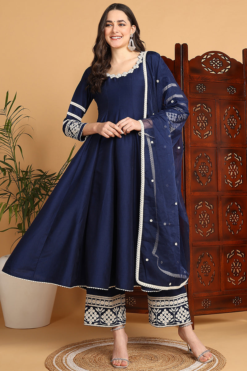 ZERESOUQ-Navy-Blue-Silk-Blend-Solid-Embroidered-Anarkali-Suit-Set