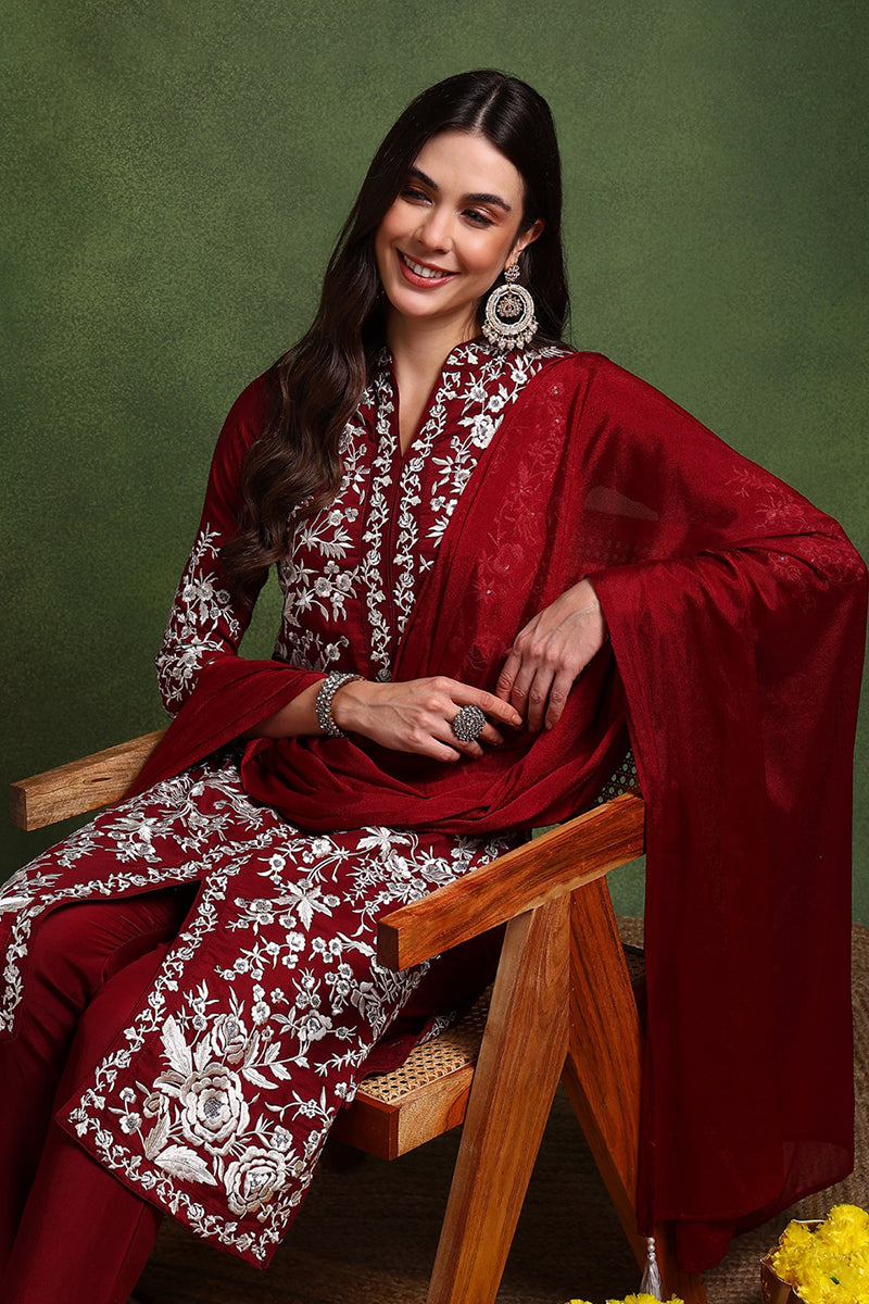 Maroon-Silk-Blend-Solid-Embroidered-Straight-Kurta-Set