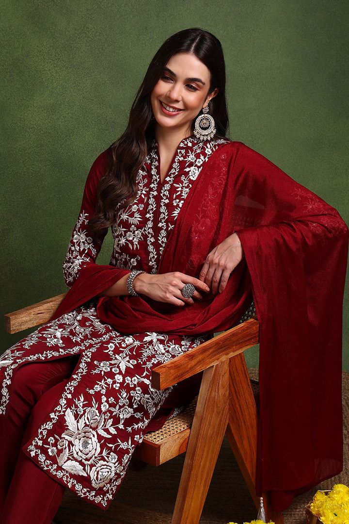 Maroon-Silk-Blend-Solid-Embroidered-Straight-Kurta-Set
