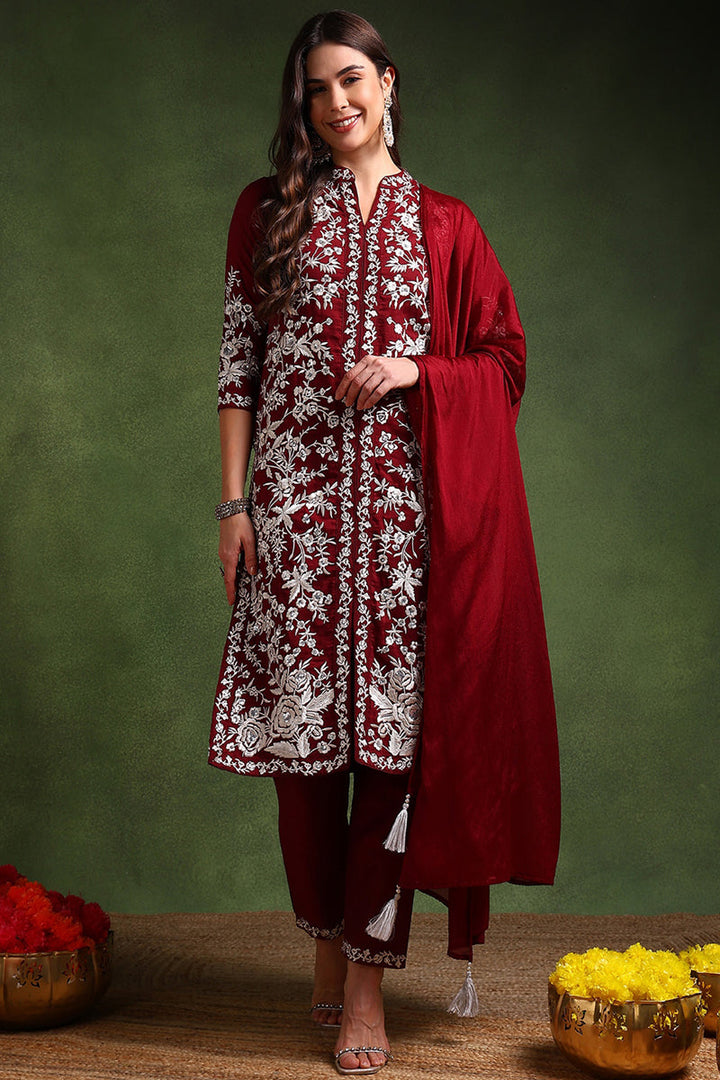Maroon-Silk-Blend-Solid-Embroidered-Straight-Kurta-Set