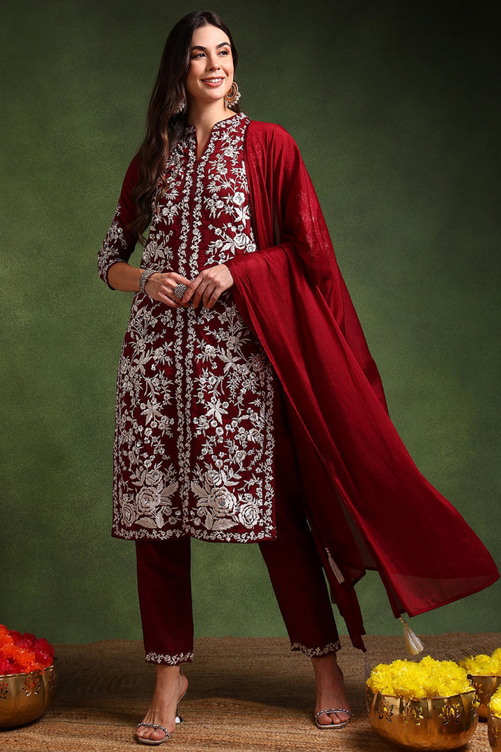 Maroon-Silk-Blend-Solid-Embroidered-Straight-Kurta-Set