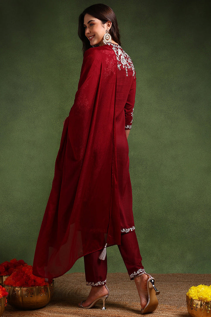 Maroon-Silk-Blend-Solid-Embroidered-Straight-Kurta-Set