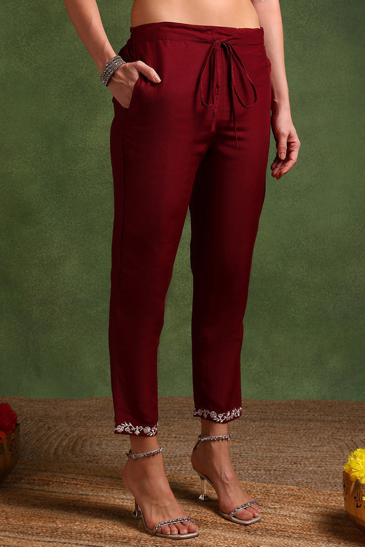 Maroon-Silk-Blend-Solid-Embroidered-Straight-Kurta-Set