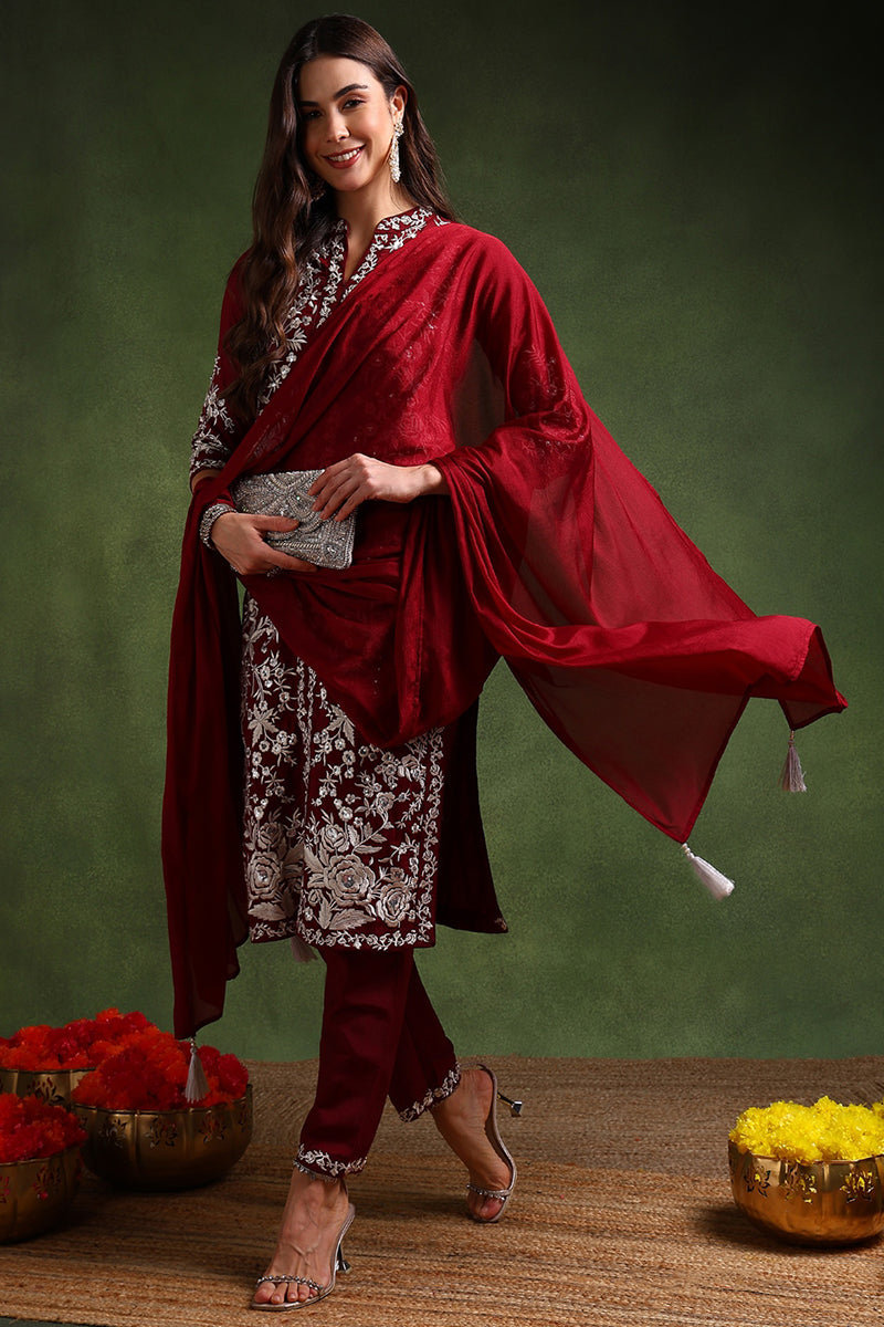Maroon-Silk-Blend-Solid-Embroidered-Straight-Kurta-Set