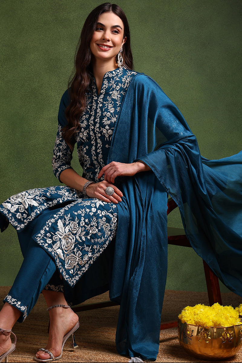 Teal-Blue-Silk-Blend-Solid-Embroidered-Straight-Kurta-Set