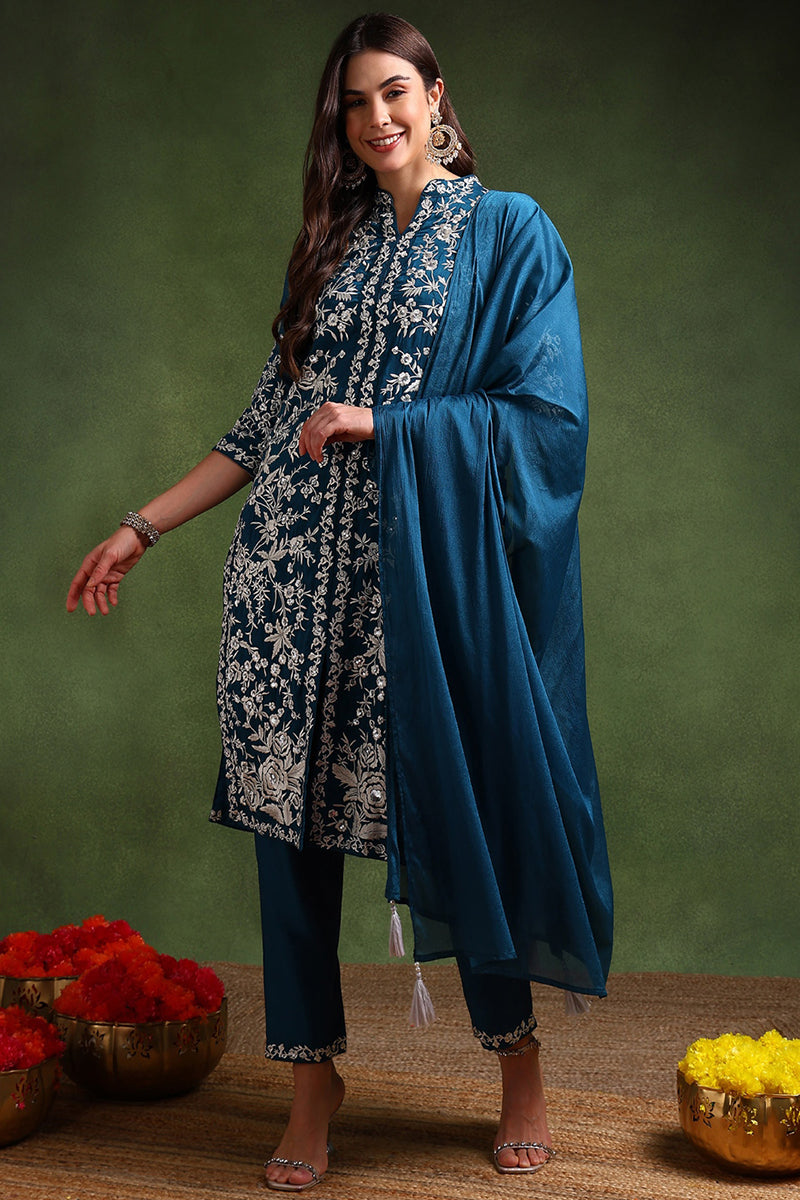 Teal-Blue-Silk-Blend-Solid-Embroidered-Straight-Kurta-Set