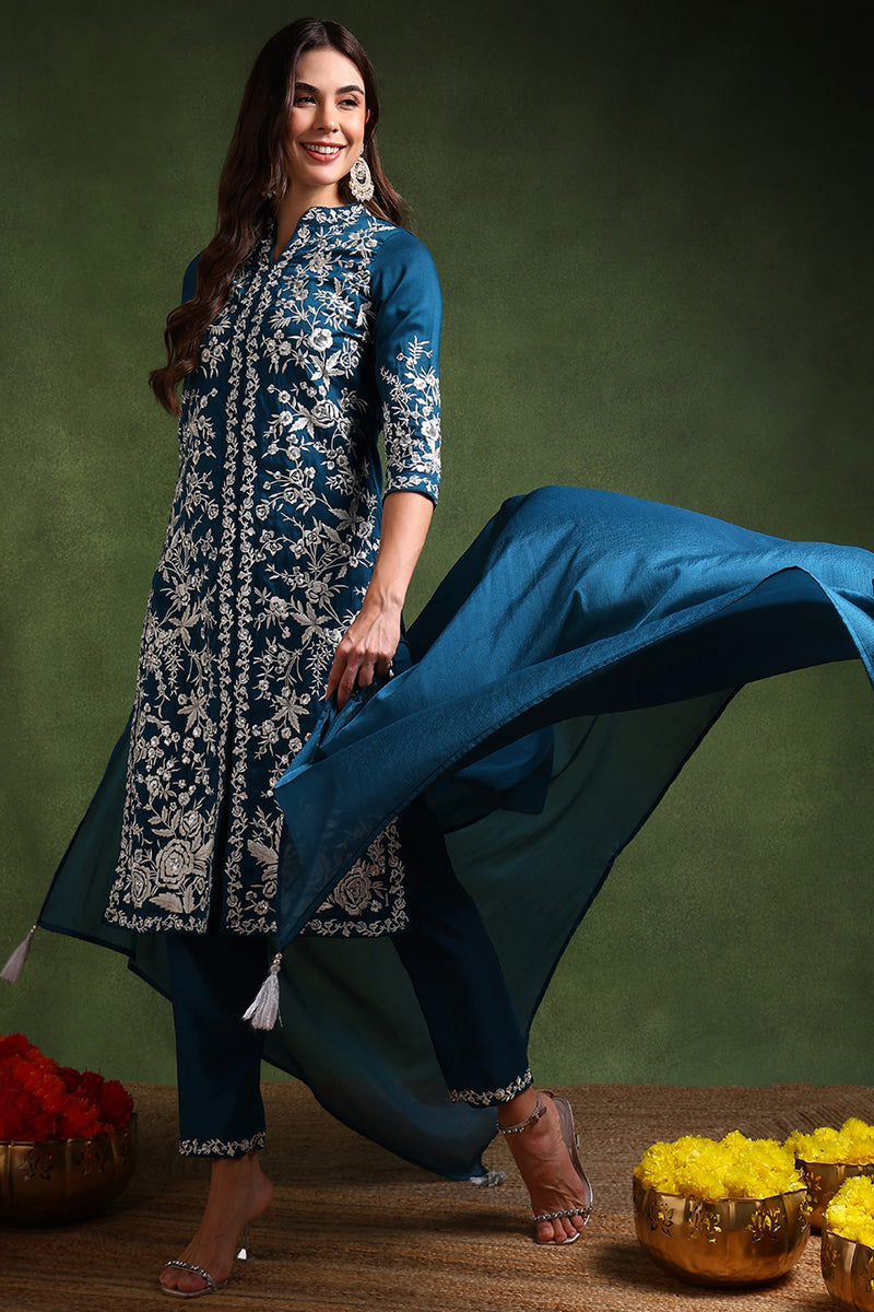 Teal-Blue-Silk-Blend-Solid-Embroidered-Straight-Kurta-Set