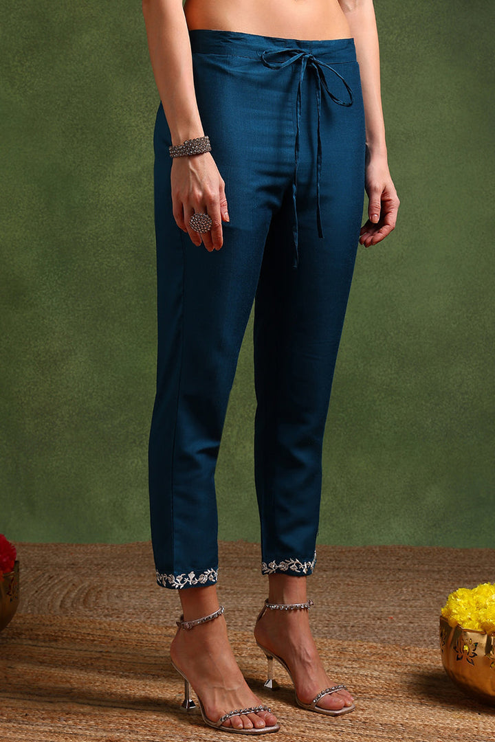Teal-Blue-Silk-Blend-Solid-Embroidered-Straight-Kurta-Set