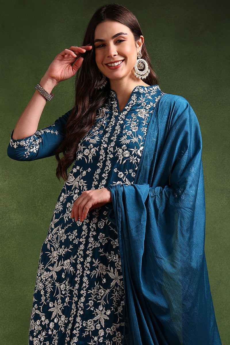 Teal-Blue-Silk-Blend-Solid-Embroidered-Straight-Kurta-Set