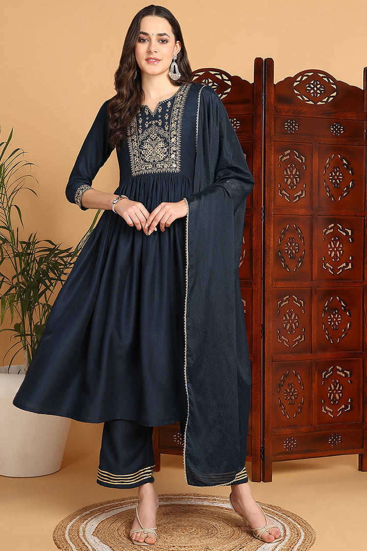 Blue-Cotton-Blend-Yoke-Design-A-Line-3-Piece-Kurta-Set