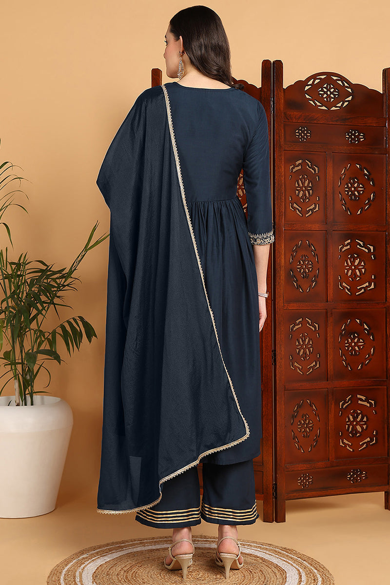 Blue-Cotton-Blend-Yoke-Design-A-Line-3-Piece-Kurta-Set