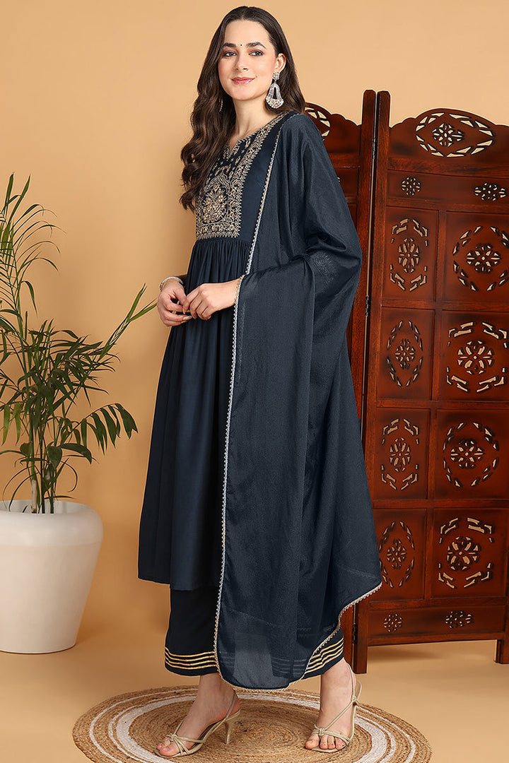 Blue-Cotton-Blend-Yoke-Design-A-Line-3-Piece-Kurta-Set