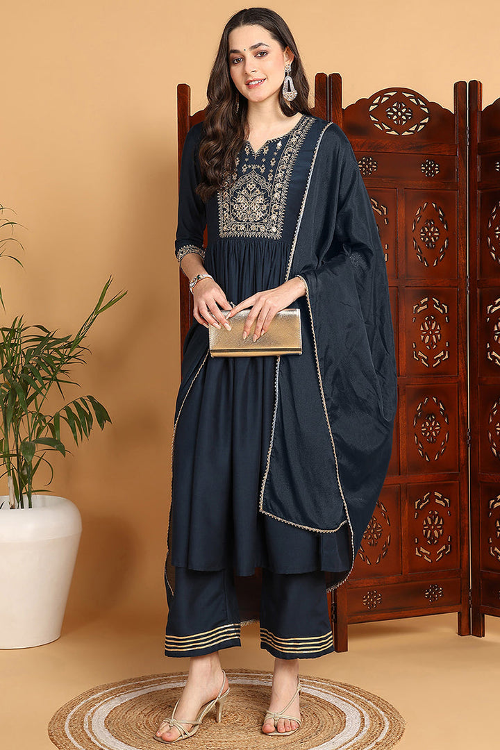 Blue-Cotton-Blend-Yoke-Design-A-Line-3-Piece-Kurta-Set