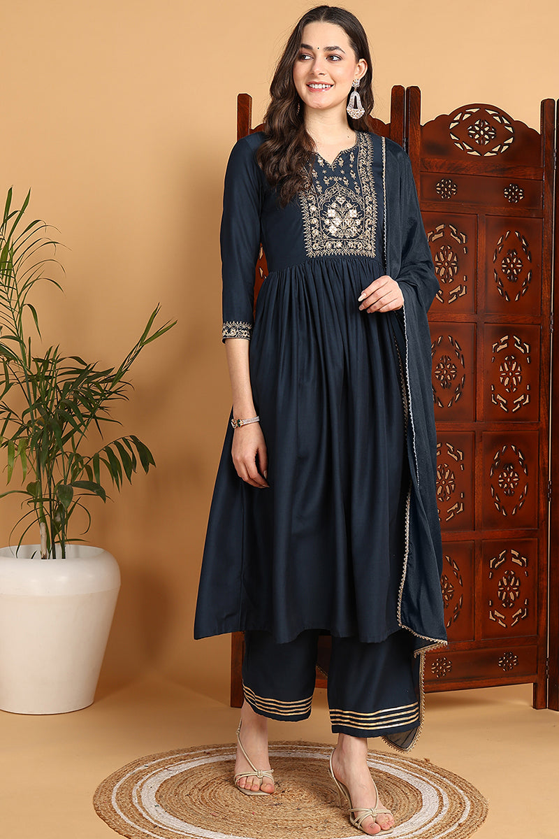 Blue-Cotton-Blend-Yoke-Design-A-Line-3-Piece-Kurta-Set