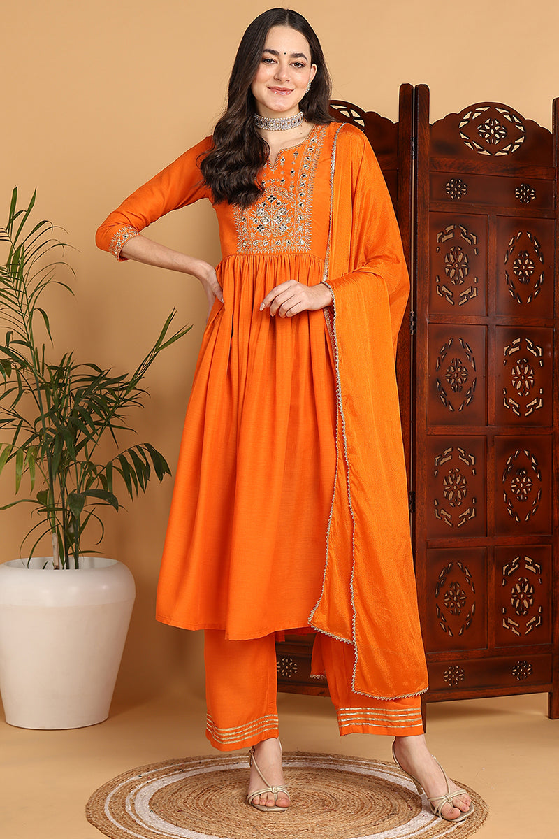 ZERESOUQ-Orange-Cotton-Blend-Yoke-Design-A-Line-3-Piece-Kurta-Set