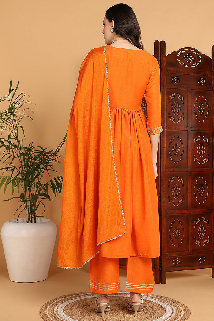 ZERESOUQ-Orange-Cotton-Blend-Yoke-Design-A-Line-3-Piece-Kurta-Set