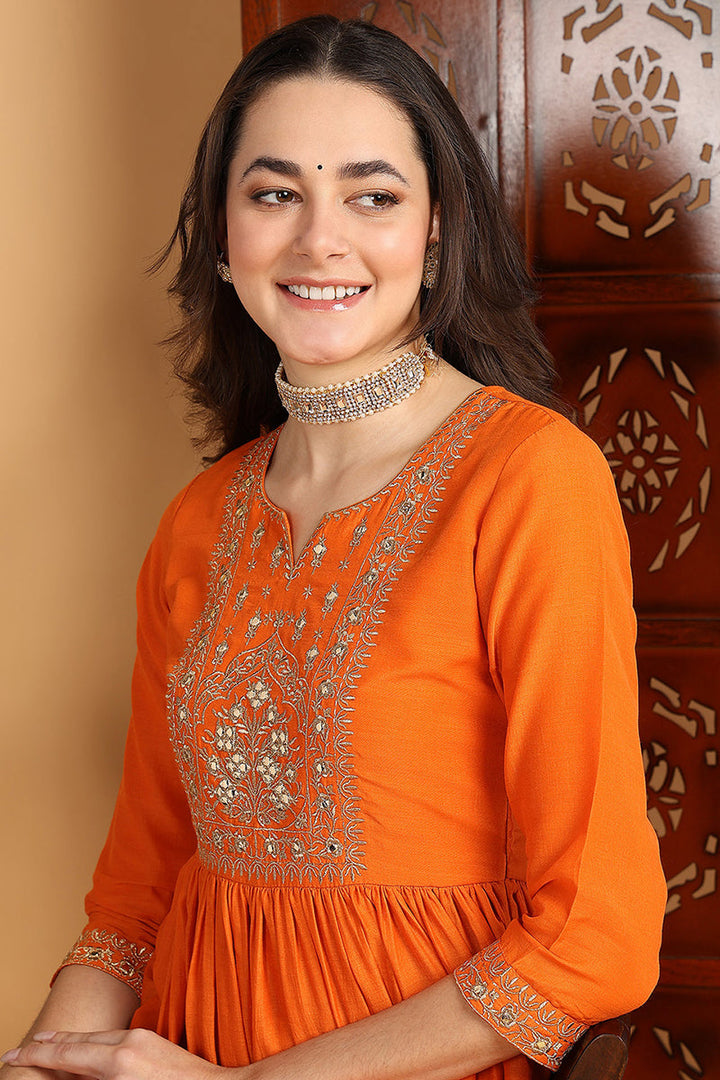 ZERESOUQ-Orange-Cotton-Blend-Yoke-Design-A-Line-3-Piece-Kurta-Set
