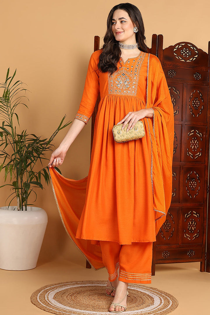 ZERESOUQ-Orange-Cotton-Blend-Yoke-Design-A-Line-3-Piece-Kurta-Set