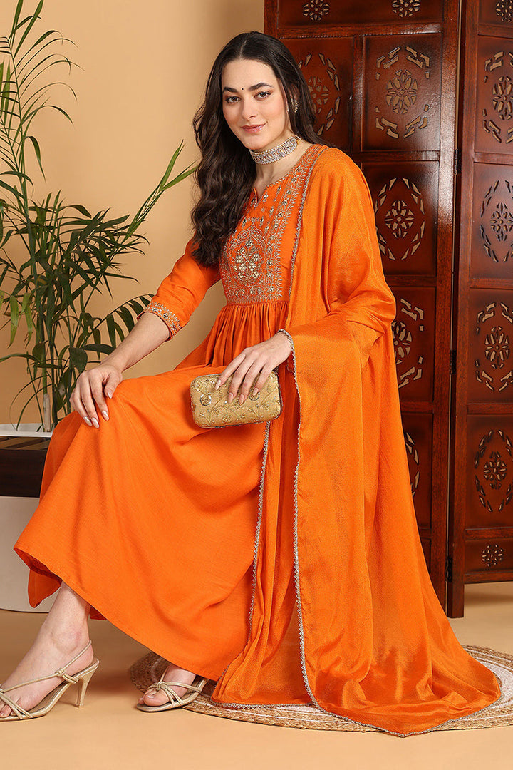 ZERESOUQ-Orange-Cotton-Blend-Yoke-Design-A-Line-3-Piece-Kurta-Set
